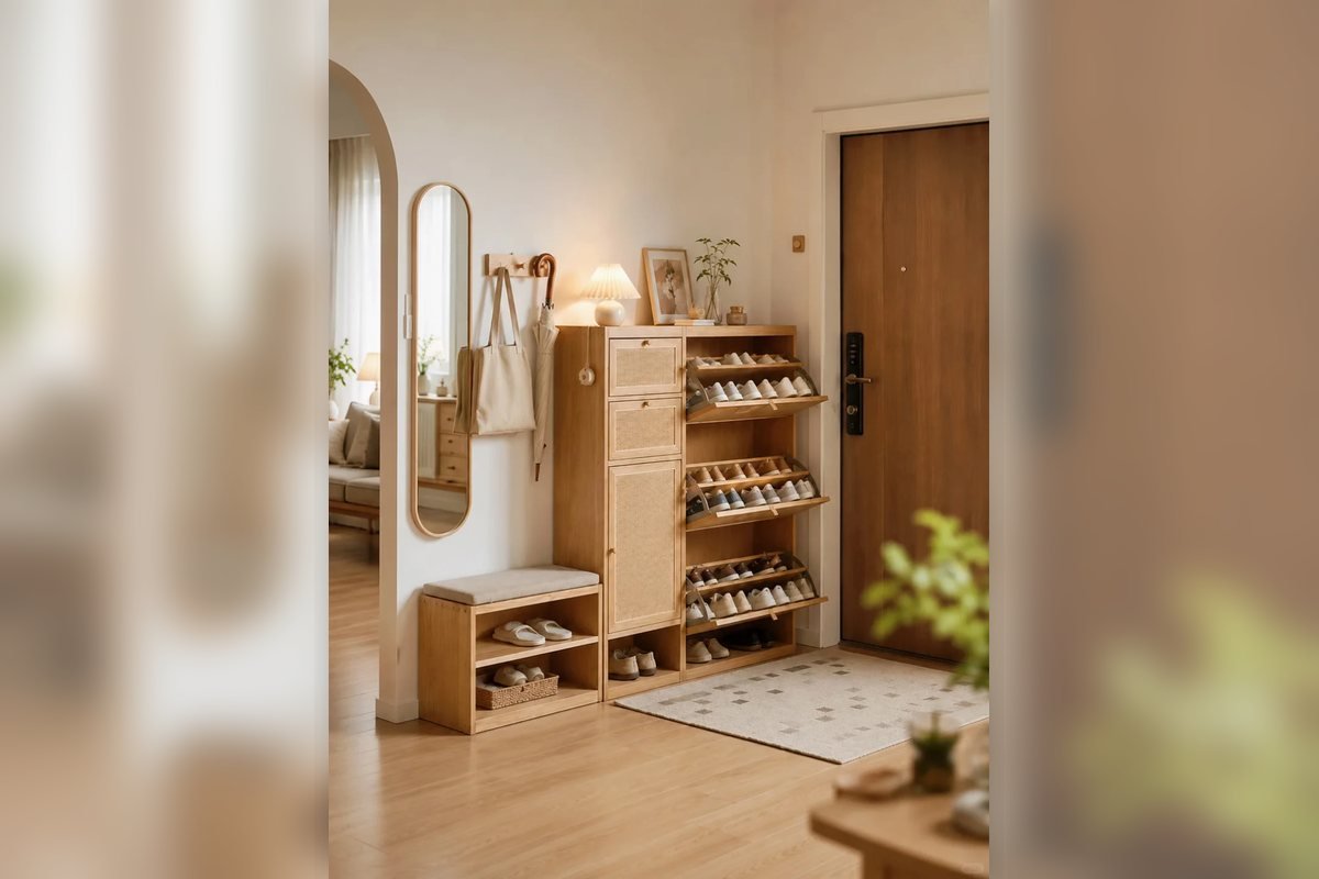 Compact entryway bench and shoe cabinet arranged beside an apartment front door.