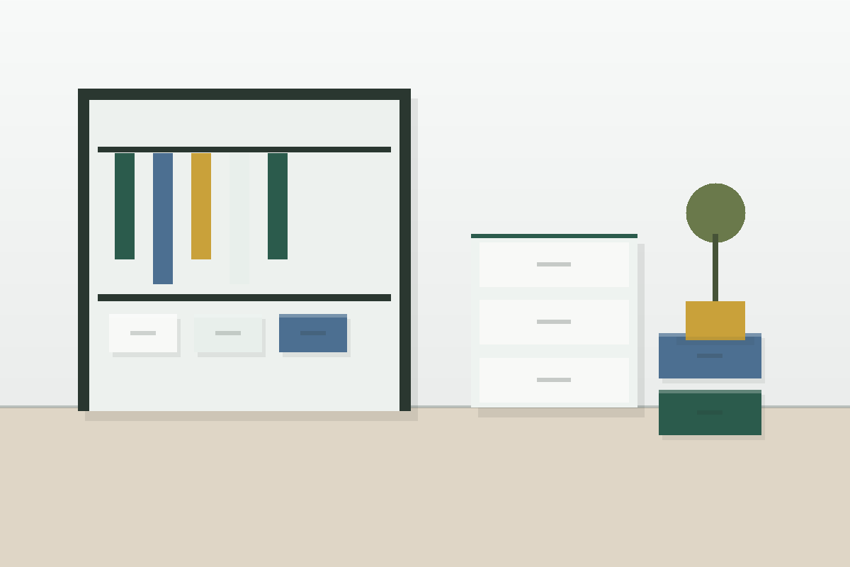 Clean reach-in closet layout with hanging clothes, drawers, shoes, and top shelf bins.