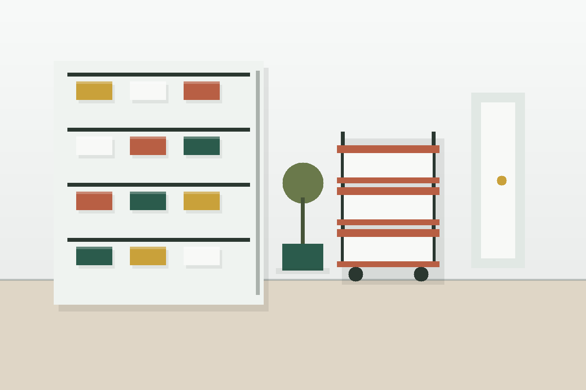 Clean apartment pantry cabinet with risers, narrow bins, pull-out storage, and a small cart.