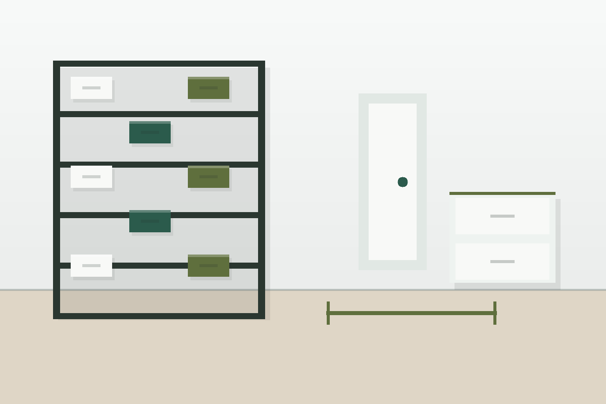 Clean renter-friendly storage wall with freestanding shelving, light bins, and a clear walking path.