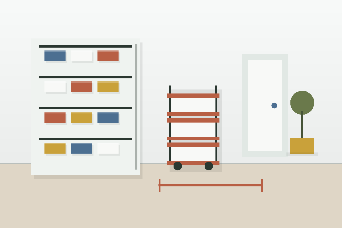 Clean small apartment kitchen layout with cabinet storage, slim cart, and appliance door clearance.